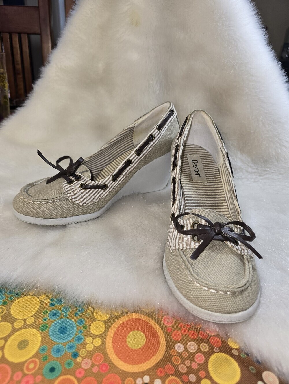 Vintage Dexter Beige Canvas Wedge Loafers with Brown Trim